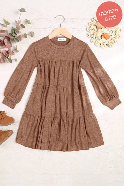 You & Me - YMD10064TKV-KIDS PUFF LONG SLEEVE TIERED HACCI BRUSHED DRESS: Ruby Dark / S(6-7)