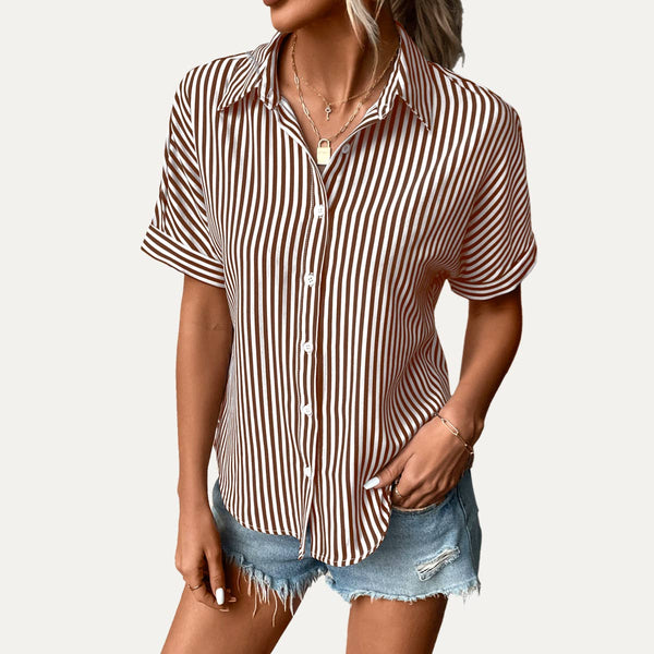 The Moment Collection - Classic Striped Print Collared Button-Up Short Sleeve Shirt: Dark Red / S