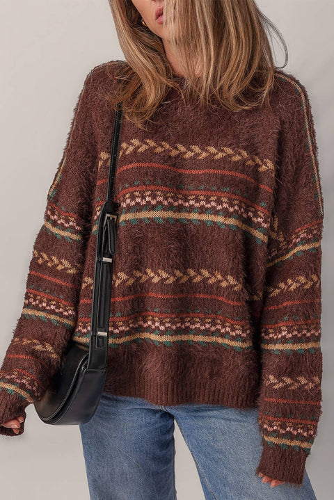 Ethnic Pattern Mohair Knitted Drop Shoulder Sweater