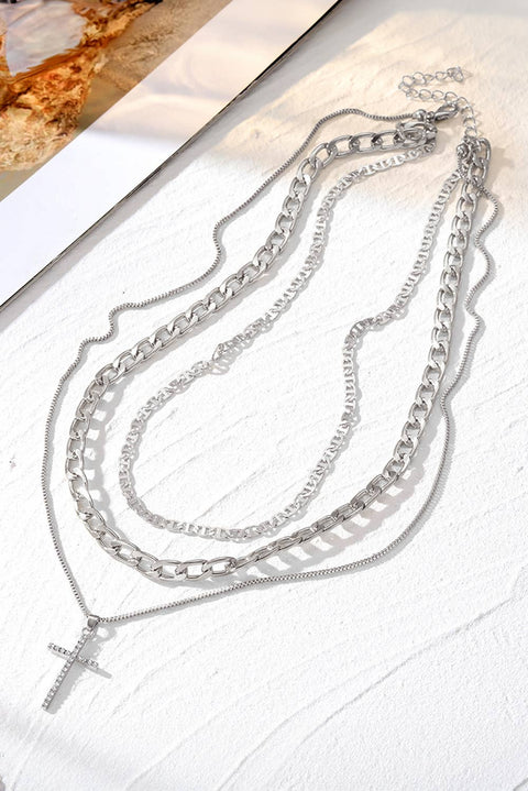 Plated Cross Pendant Multi Layer Stacked Chains Necklace