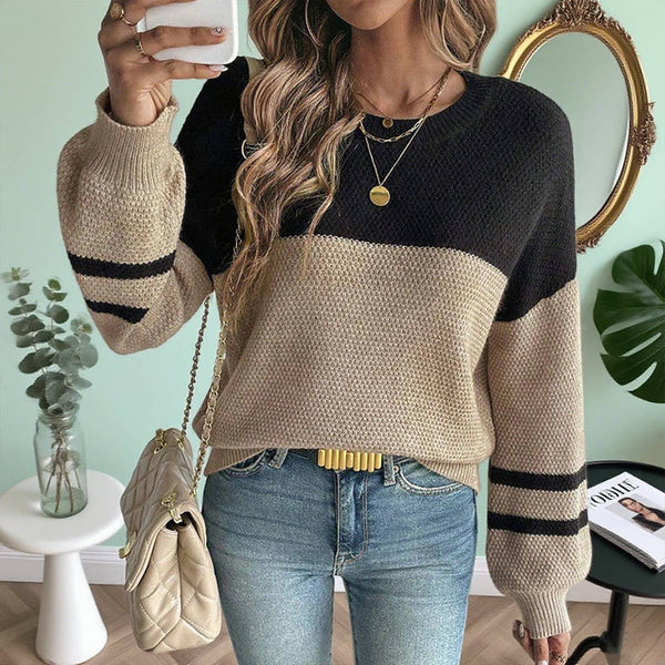 Color-blocked long-sleeved round-neck sweater