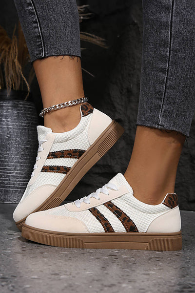Textured Woven PU Leather Leopard Patchwork Flat Sneakers