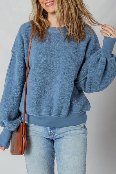 Fleece Drop Shoulder Exposed Seam Patchwork Sweatshirt