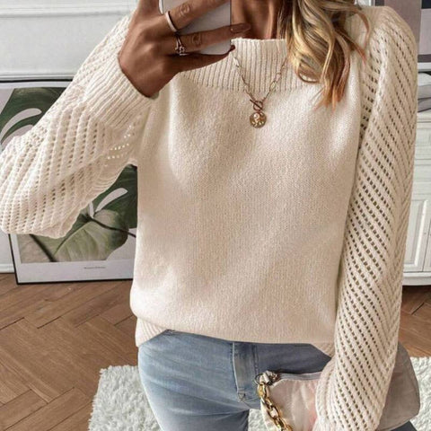 Hollow-out long-sleeved line neck pullover sweater