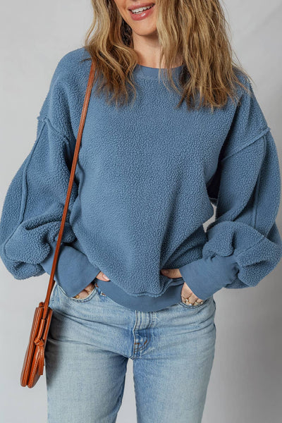 Fleece Drop Shoulder Exposed Seam Patchwork Sweatshirt