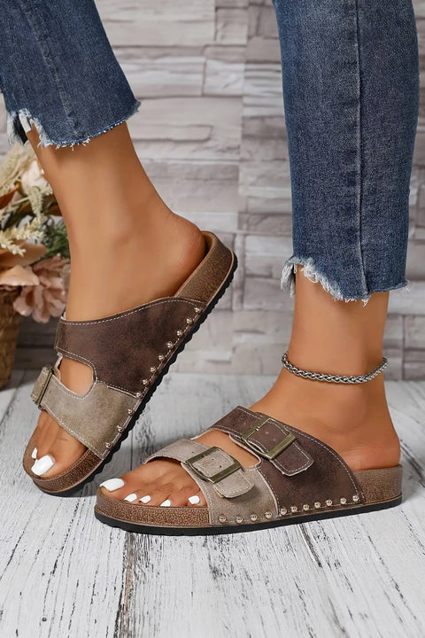 Two-tone Retro Buckle Straps Hollowed Faux Suede Sandals