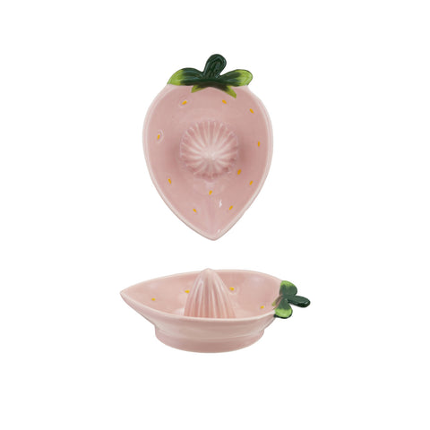 Hand-Painted Stoneware Strawberry Shaped Juicer, Pink, Green & Yellow