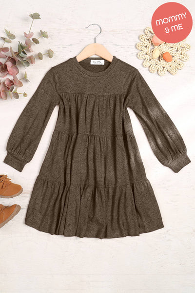 You & Me - YMD10064TKV-KIDS PUFF LONG SLEEVE TIERED HACCI BRUSHED DRESS: Ruby Dark / 5T