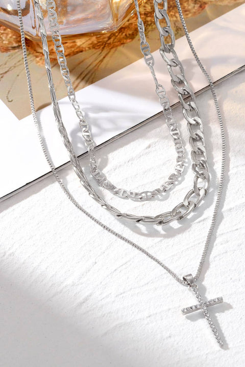 Plated Cross Pendant Multi Layer Stacked Chains Necklace