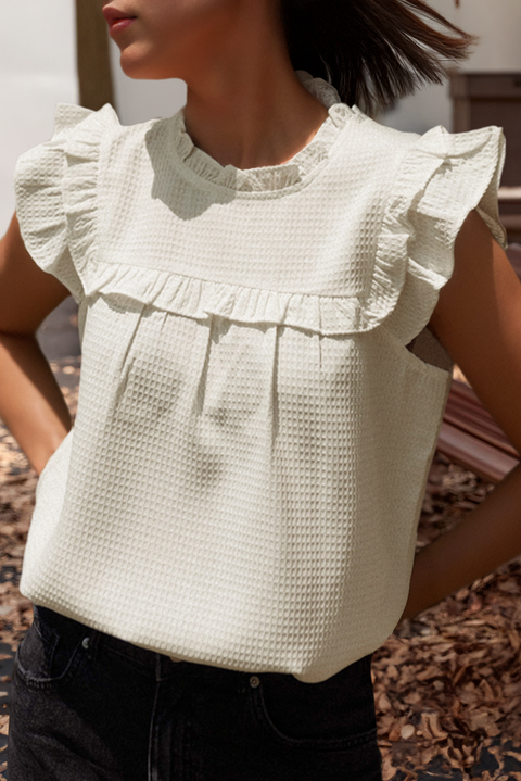 Solid Color Ruffle Trim Waffle Knit Blouse