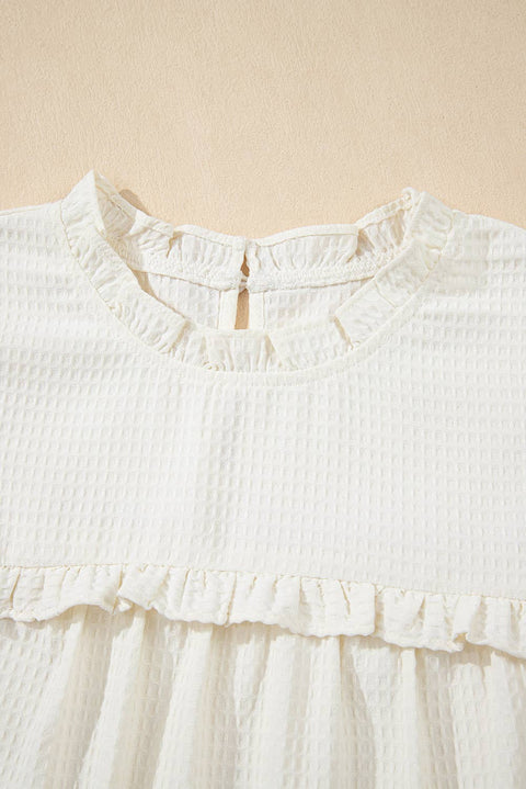 Solid Color Ruffle Trim Waffle Knit Blouse