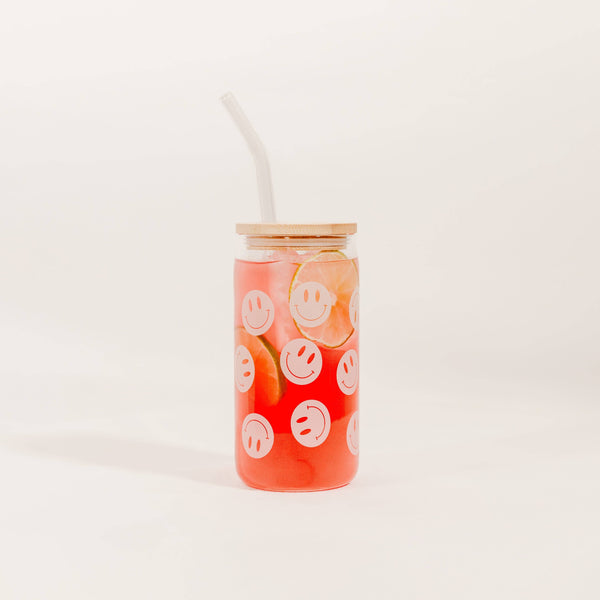 Sweet Water Decor - Smiley 17 oz Can Glass w/ Straw and Lid - Decor & Gifts