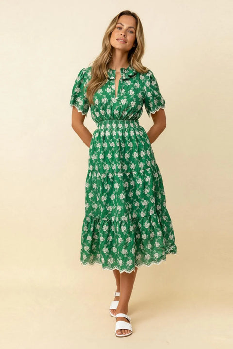Ruffle Neck Embroidery Scallop Hem Dress