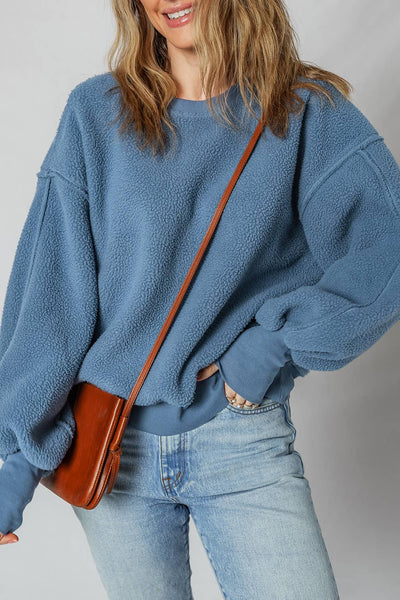 Fleece Drop Shoulder Exposed Seam Patchwork Sweatshirt