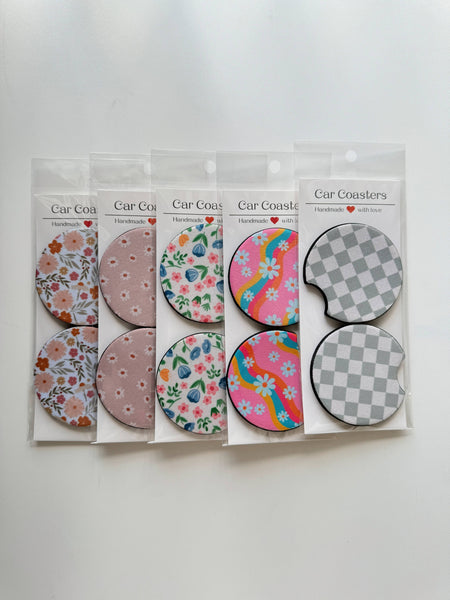 Frederick Family Co. - Car Coasters, Set of 2 Car Floral, Boho Trendy Coasters: #4 Green Checker