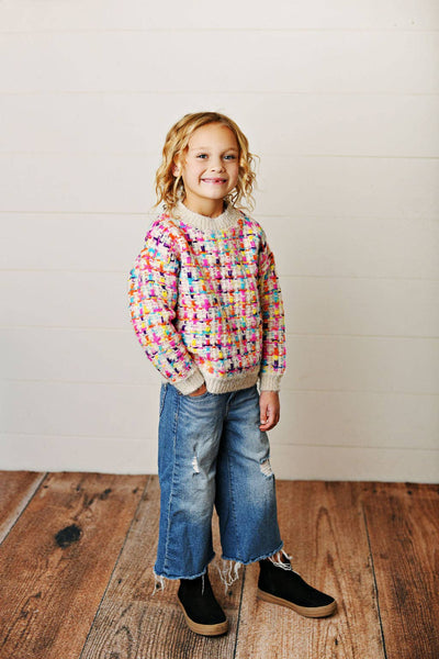 Kids/Youth Rainbow Colored Knit Texture Crew Neck Fall Sweater