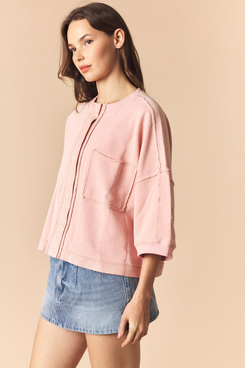 Mineral Washed Cut Edge with Reverse Stitch Detailed Button Up