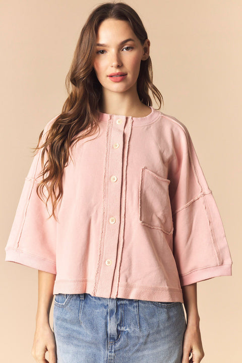 Mineral Washed Cut Edge with Reverse Stitch Detailed Button Up