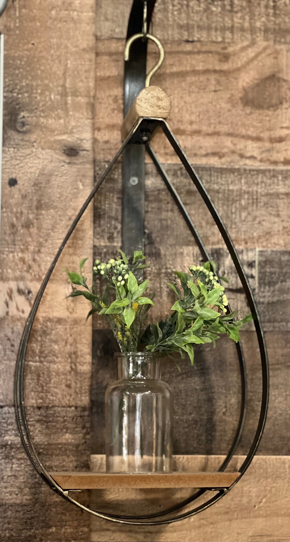 Hanging Bottle Vase 21"H Metal/Wood/Glass