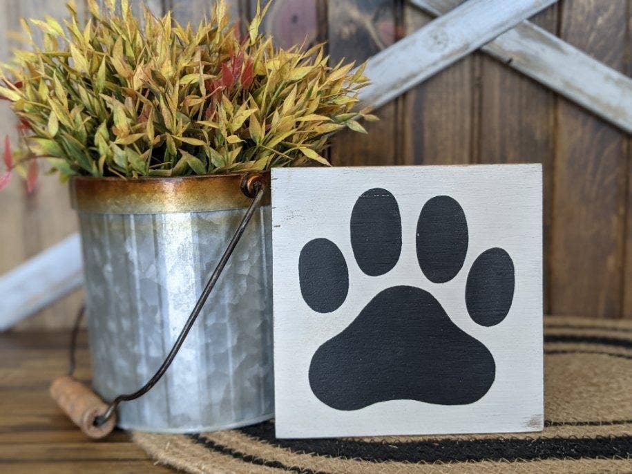 Inkwood Crafters - Paw Print - Rustic Wood White Shelf Sitter